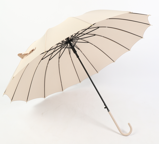 16 ribs graceful automatic open walk stick lady umbrella in beige