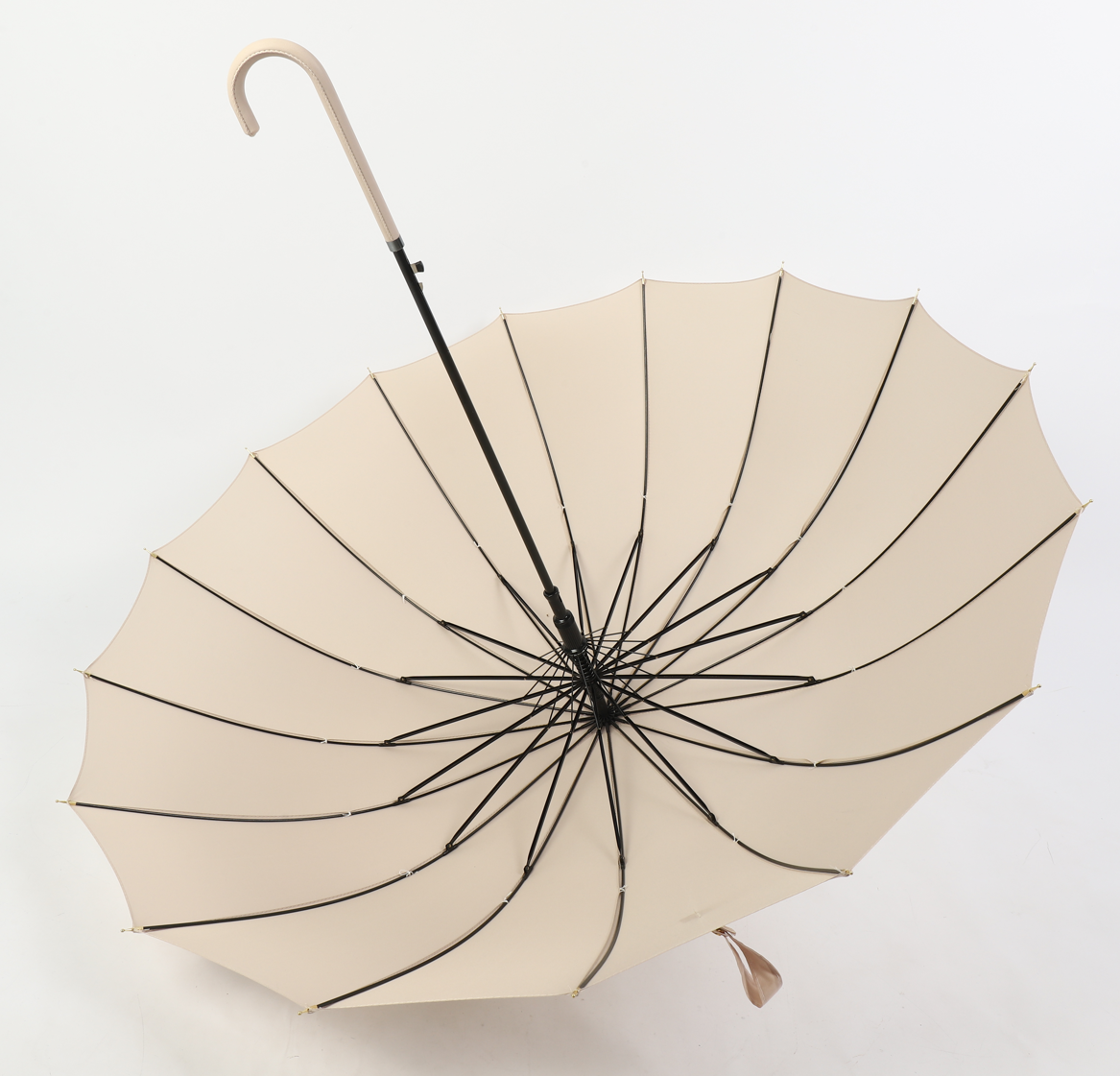 16 ribs graceful automatic open walk stick lady umbrella in beige